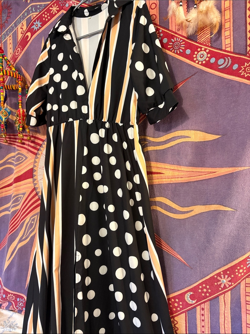 Polka Dot & Stripe Black Midi Dress - Stylish Women's Dress